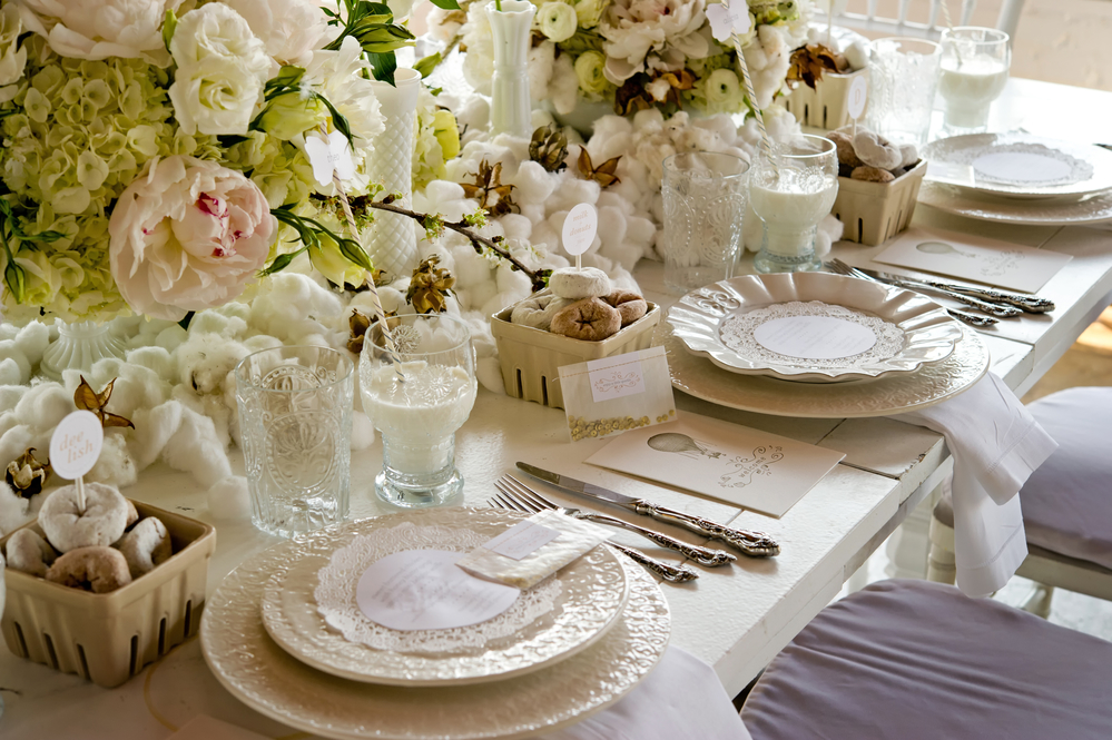 White wedding Banquet Table With Milk & Doughnuts